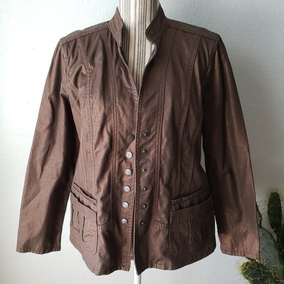 Coldwater Creek Metallic Bronze Jacket Blazer Snap Button Closure size 14P - Picture 1 of 16